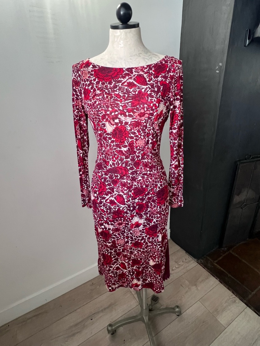 Tory Burch Red White Floral Pleated Side Panel Bodycon Midi Dress Long Sleeve XS